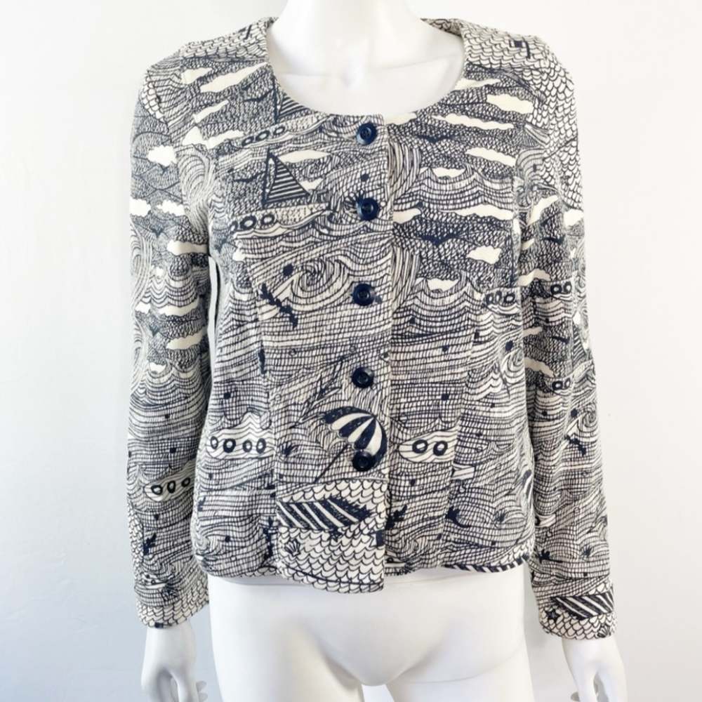 Pesqueira Anthropologie White & Blue Nautical Print Jacket Size XS